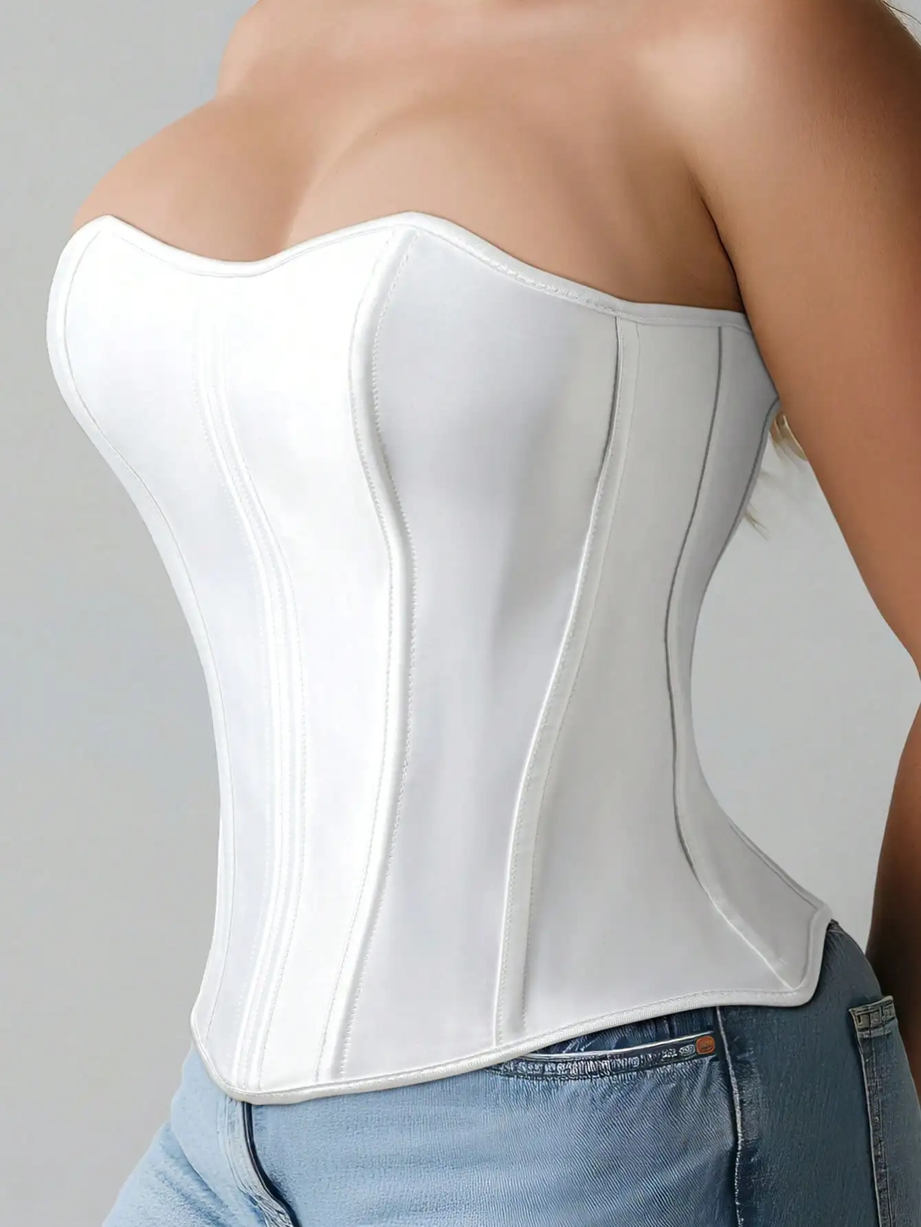 Sexy Korsett-Top in Unifarbe, Taillentrainer, trägerlos, schulterfrei, Korsett-Tanktop, Bustier mit Reißverschluss, Push-up, sexy Unterbrust-Top – Detail 8