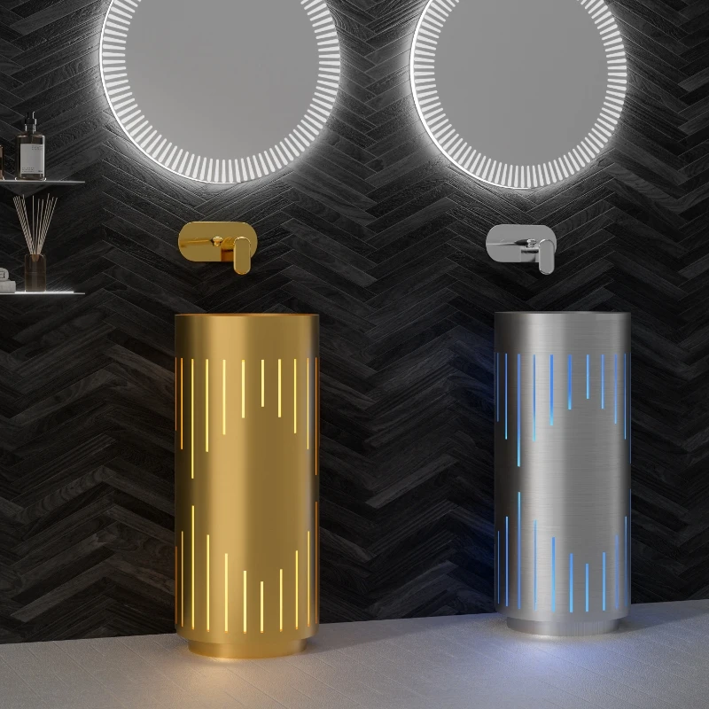 

Колонная раковина из нержавеющей стали 304 со светодиодной встроенной напольной раковиной, креативная раковина на пьедестале для отелей