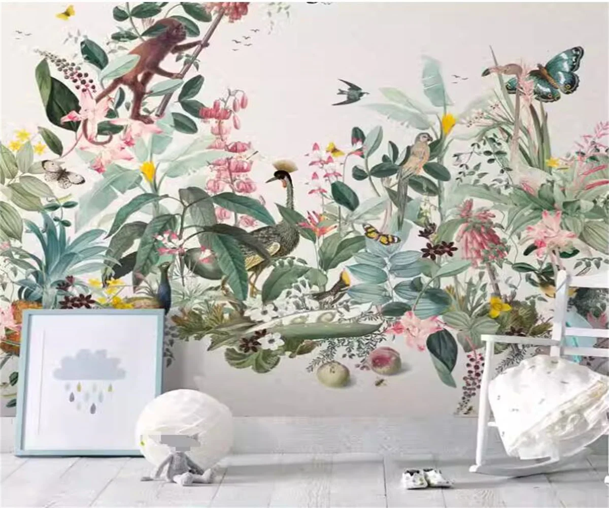 

Custom Cartoon Animal Jungle Butterfly bird Wallpaper Mural for Kindergarten Background Self adhesive canva Photo Wallpaper