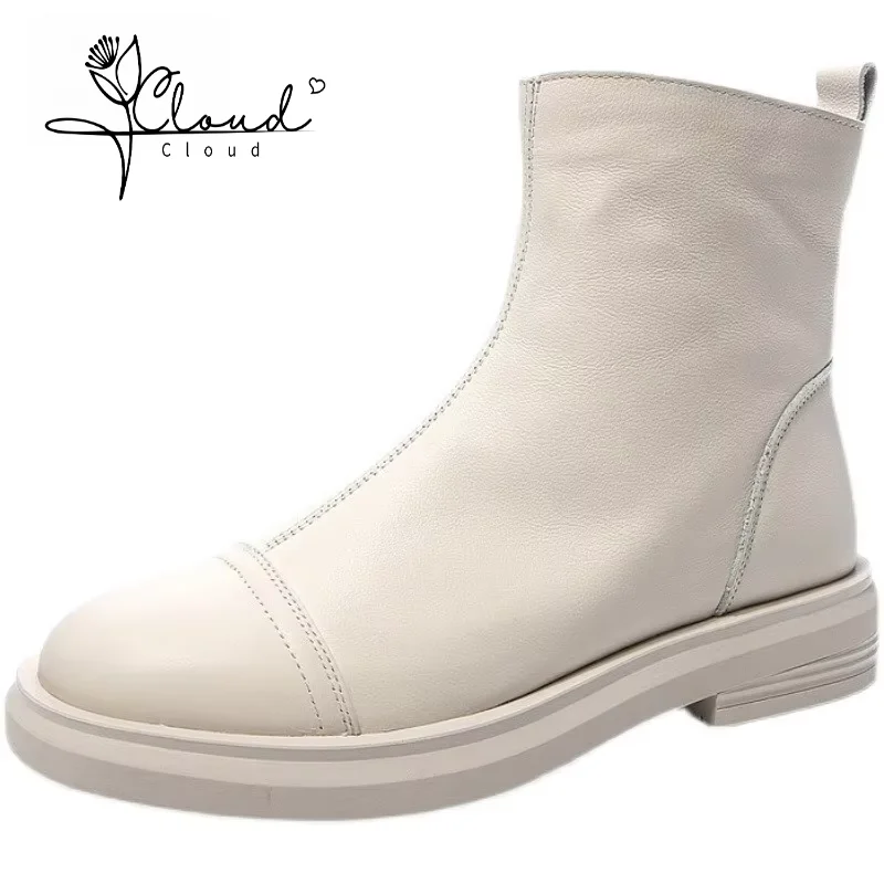 

2024 Fashion Women Boots Autumn Winter Plush Warm Flat Heel Genuine Leather Side Zipper Casual Short Ankle Boots For Women