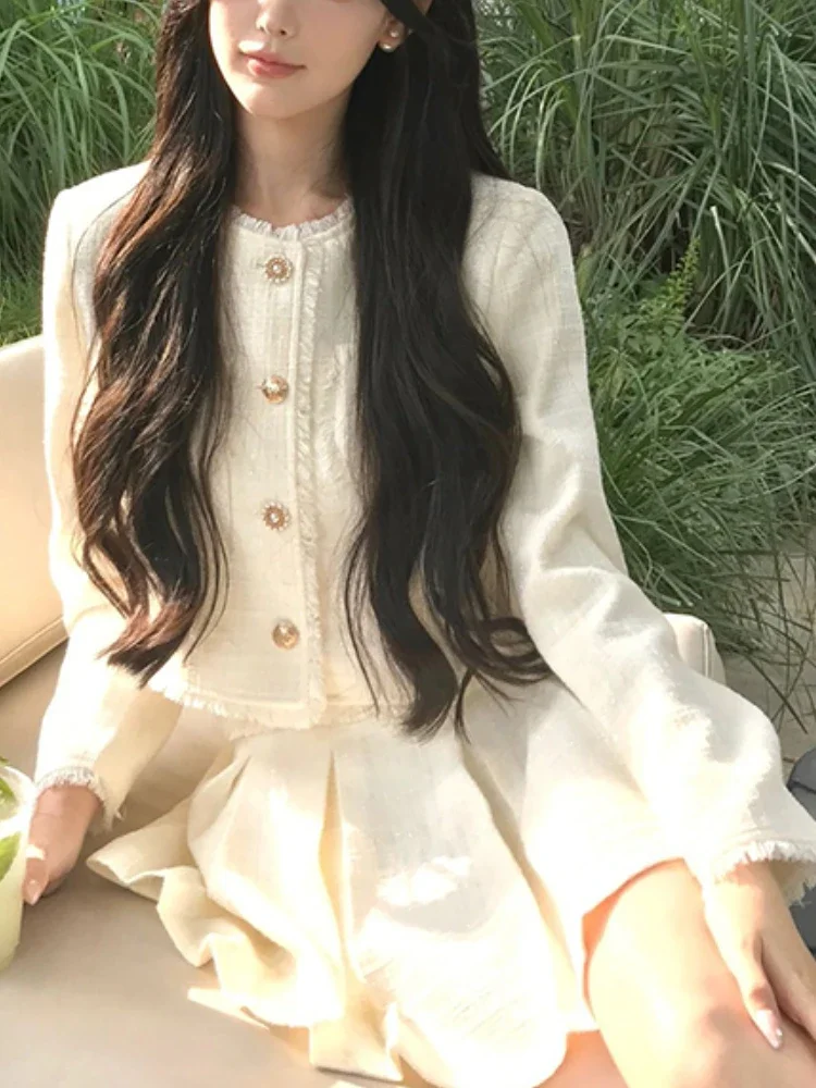 

White France Vintage New Two Piece Set Women Korean Design Slim Party Skirt Suit Female Short Sweet Coat Mini Pleated Skirt 2025