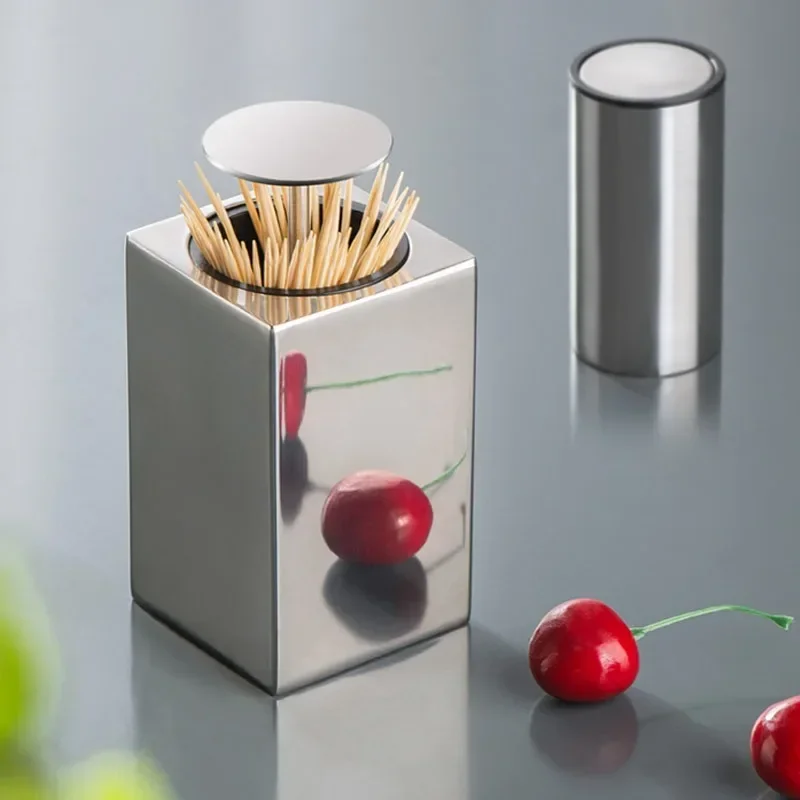 

Press Type Toothpick Box 304 Stainless Steel Portable European Style Toothpick Jar Automatic Pop-up Toothpick Storage Box