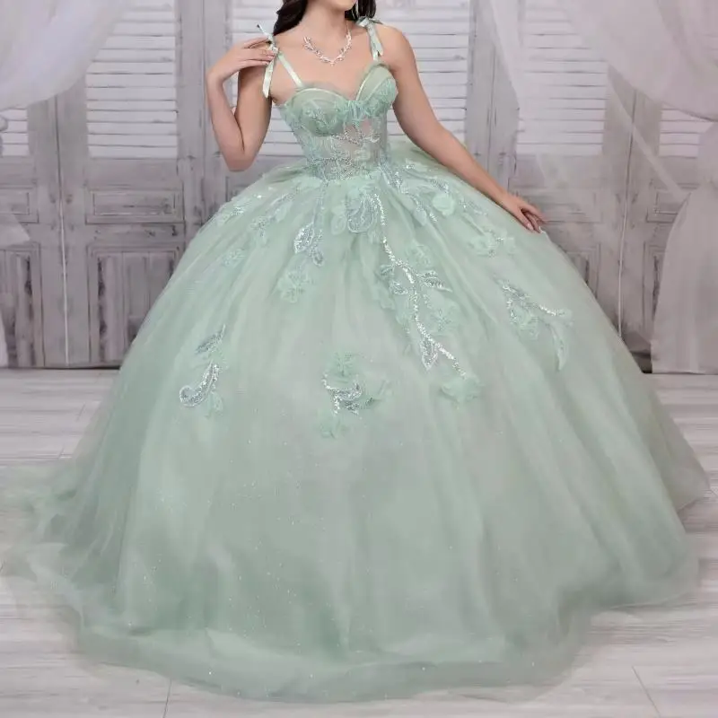 

Mint Green Shiny Quinceanera Dresses Ball Gown Glitter Spaghetti Strap Flower Beaded Crystal Tull Corset Sweet 16 Vestidos De 15