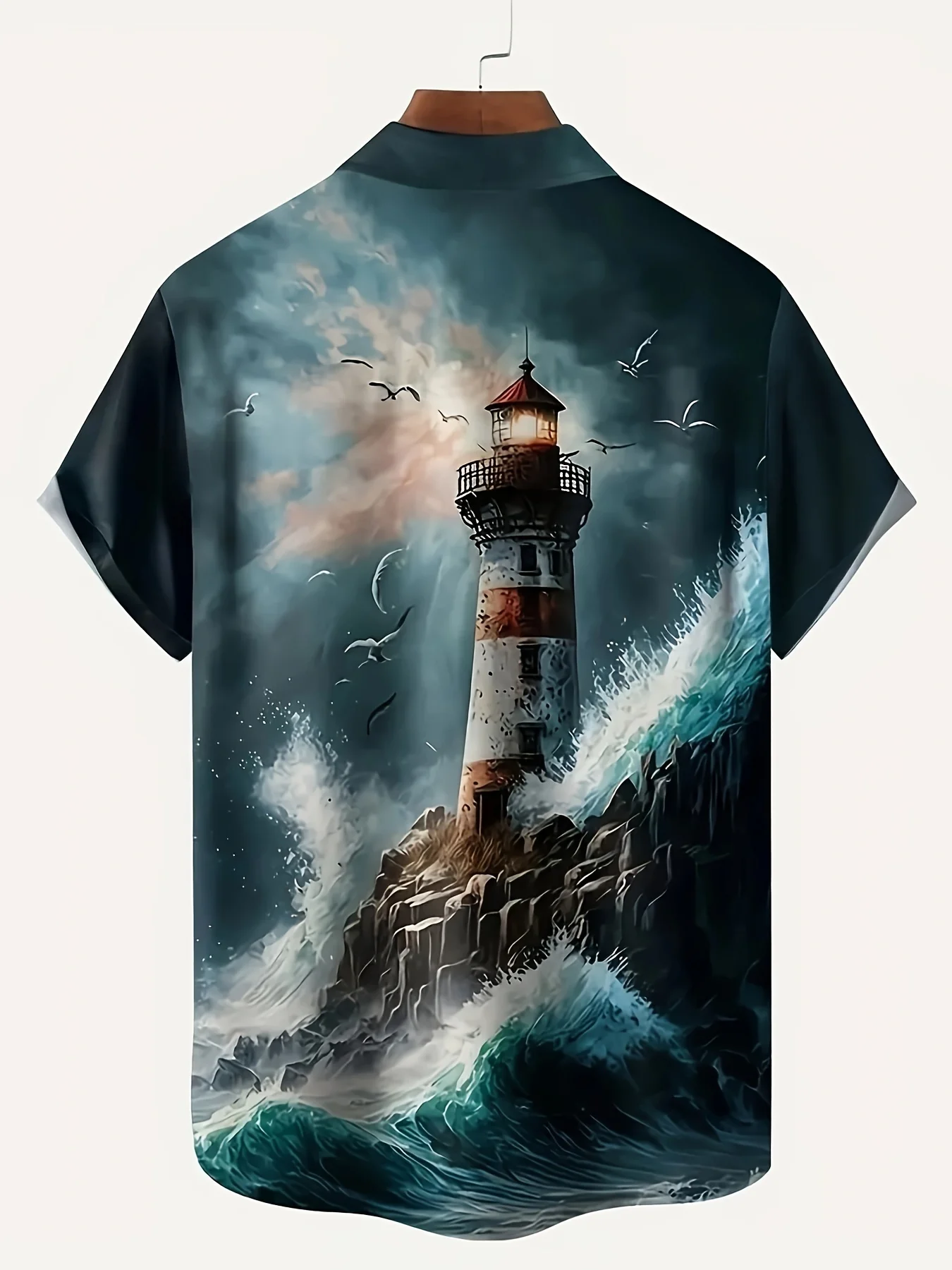 Plus Size Men's 3D Lighthouse Print Shirt Short Sleeve Shirt, Men's Tops