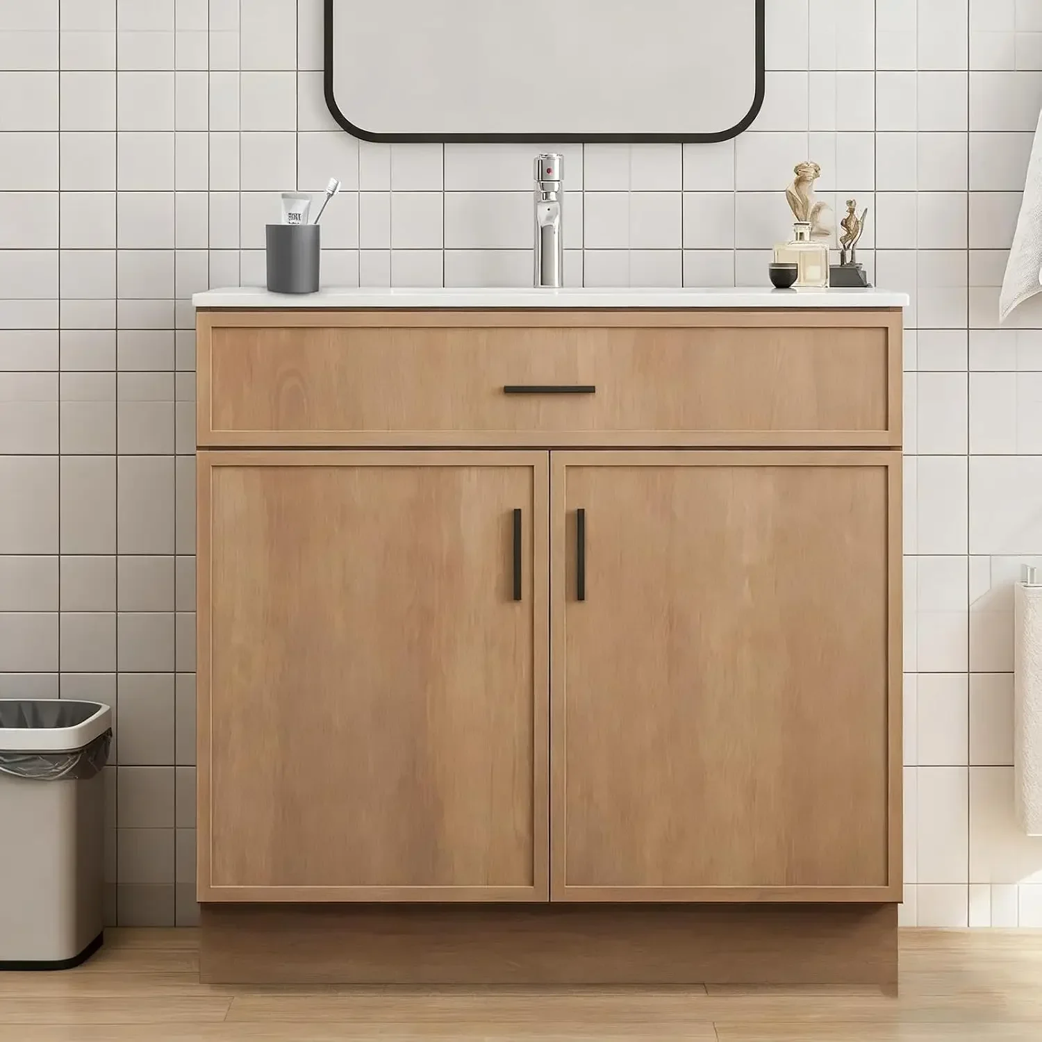 

36in Modern Bathroom Vanity Natural Wood Freestanding Floor Standing Storage White Ceramic Basin, Customized