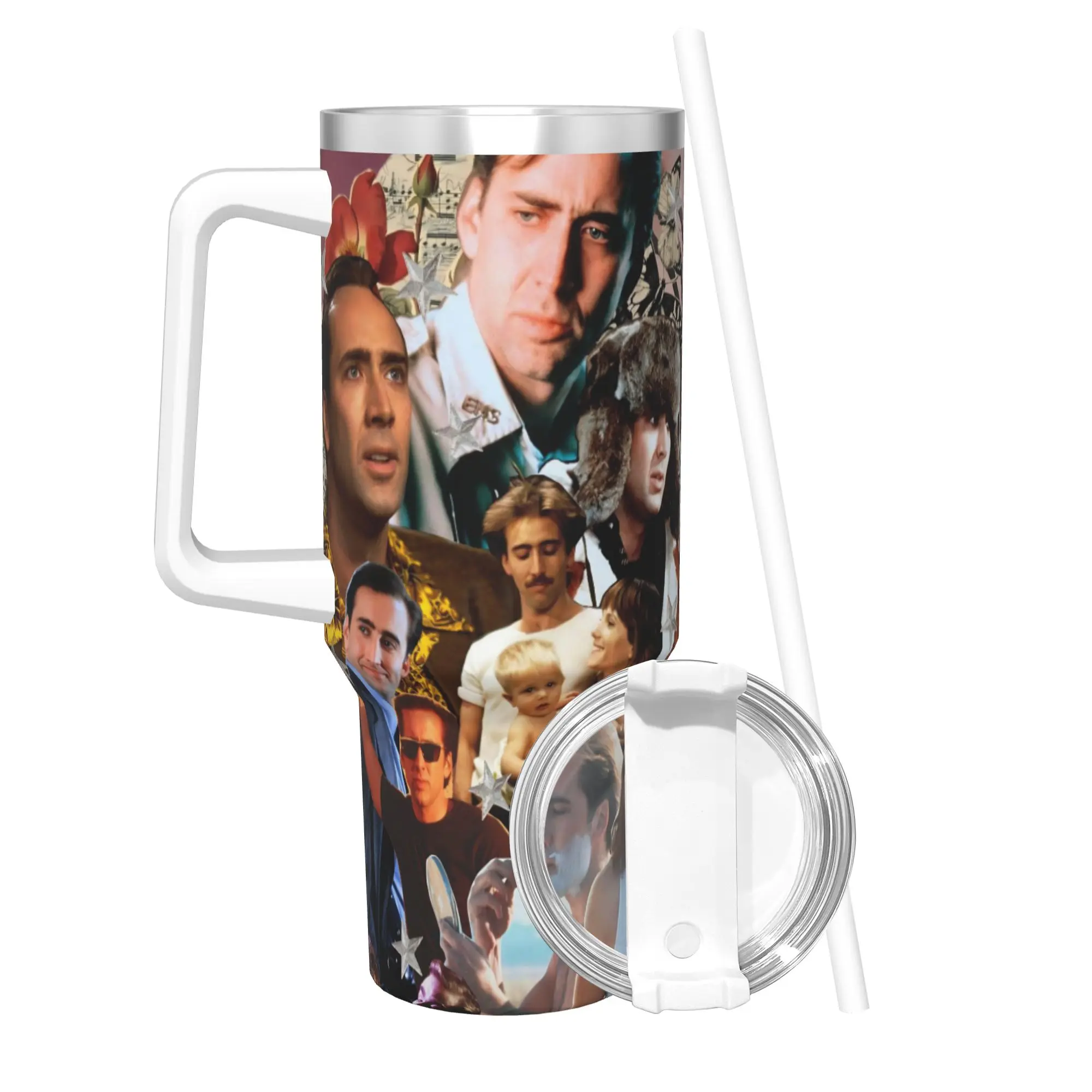 Nicolas Cage Tumbler With Straw  Stainless Steel Tumblers Mug Double Wall Vacuum Insulated for Cold Or Hot 40oz