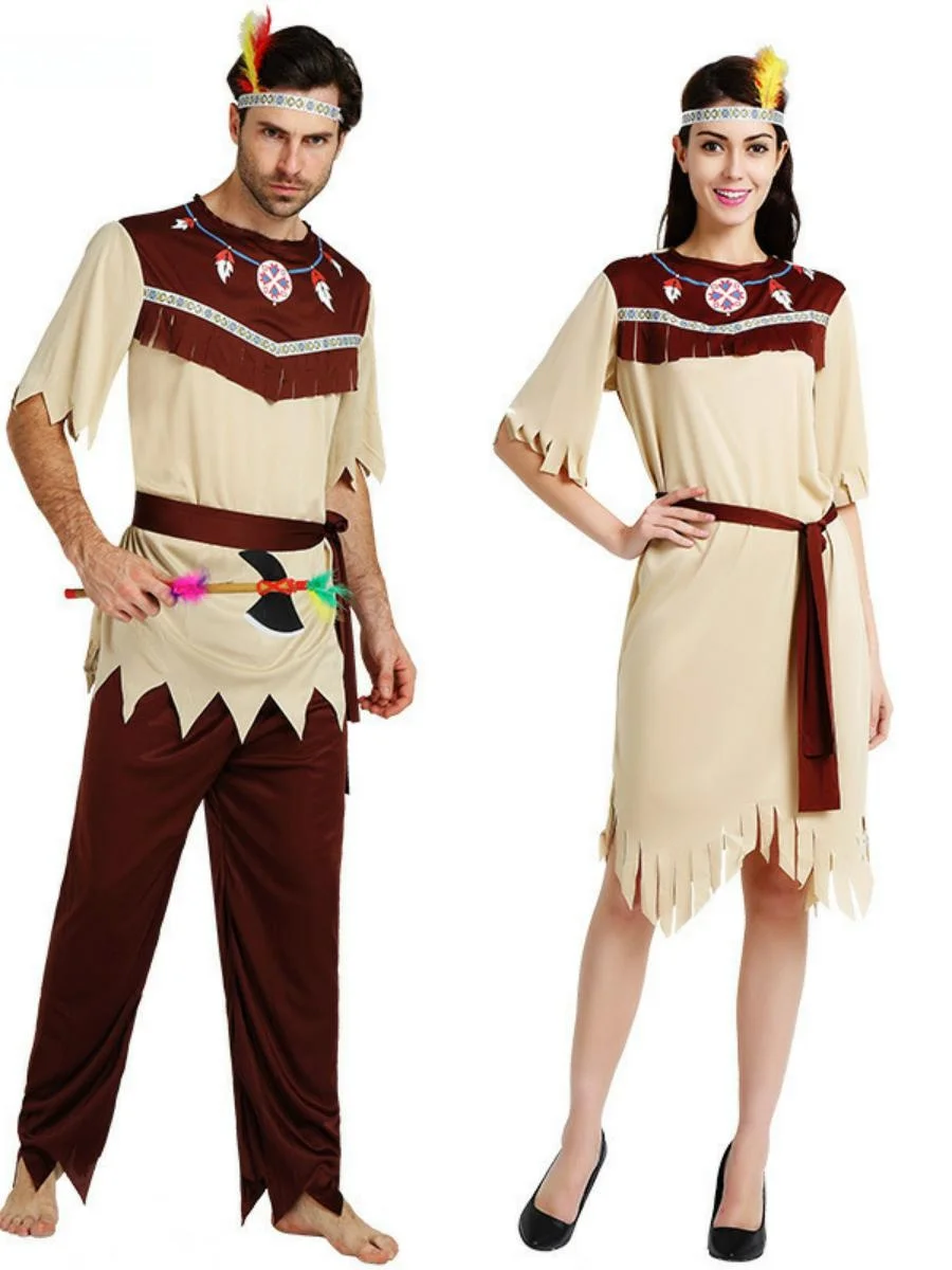 loween Indian Costume ey White Indigus Wild Man Clothing eup Dance Performance for Men And Women Ethnic Stage Costume
