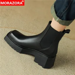 MORAZORA nowe buty z prawdziwej skóry damskie buty kwadratowe wysokie obcasy Chelsea Boots damskie jesienno-zimowe botaniczne ręcznie robione botki