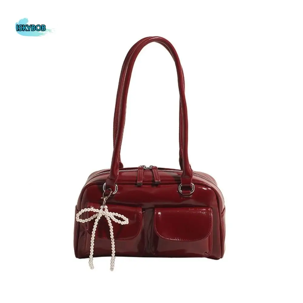 

Casual Korean Style PU Bowling Bag Solid Color Minority Design Pocket Boston Tote Bag French Style Handbag Underarm Bag Women