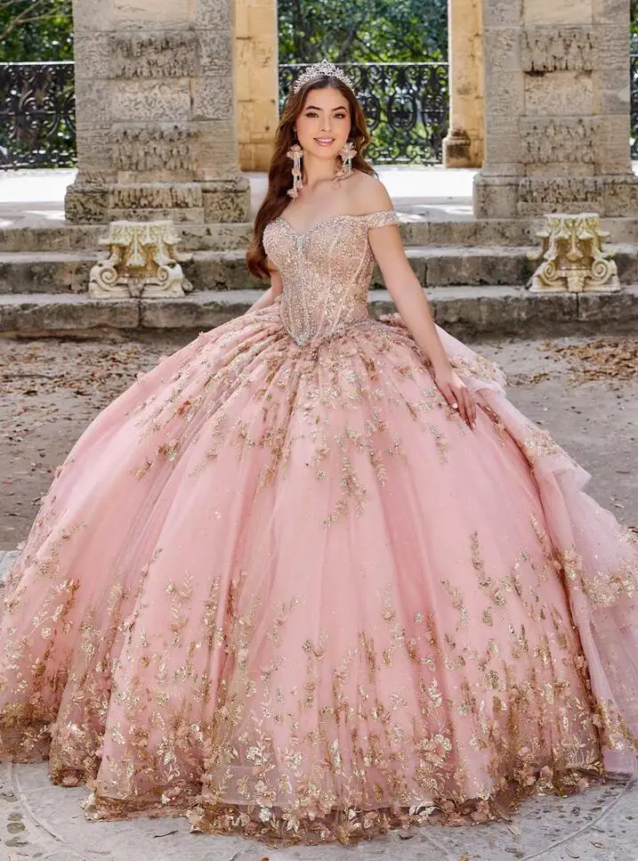 Lila Lavendel Prinzessin geschwollene Quince anera Kleider von der Schulter 3d Blumen Schnür Korsett Kathedrale Zug Vestido de 15 Anos