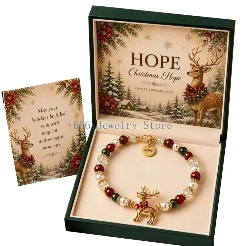 F2TD Christmas Bracelet with Resin Components, Central Holiday Charm, Beaded Structure, Round Word Detail and Individual Gift