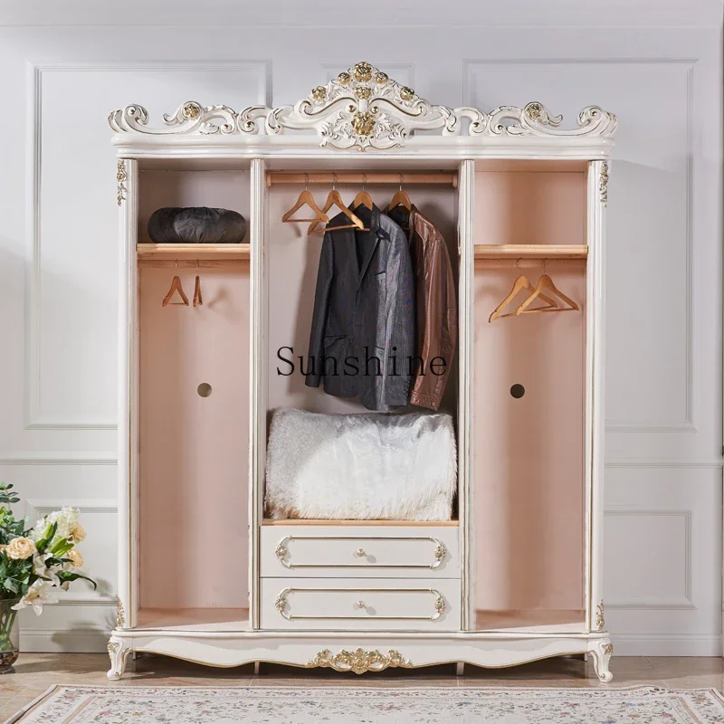 

Solid wood European 4-door bedroom wooden wardrobe combination champagne gold luxury engraved cabinet FT