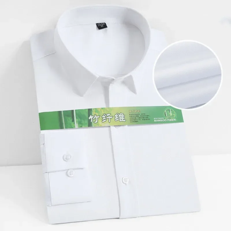 Plus Size S~8XL Bamboo Fiber Shirt Men Long Sleeve Slim Stretch Anti-Wrinkle Business Office Formal White Shirts