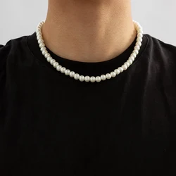Simple Imitation-Pearl Beaded Short Choker Necklace for Men Trendy White Beaded Chains on Neck Accessories 2026 Fashion Jewelry
