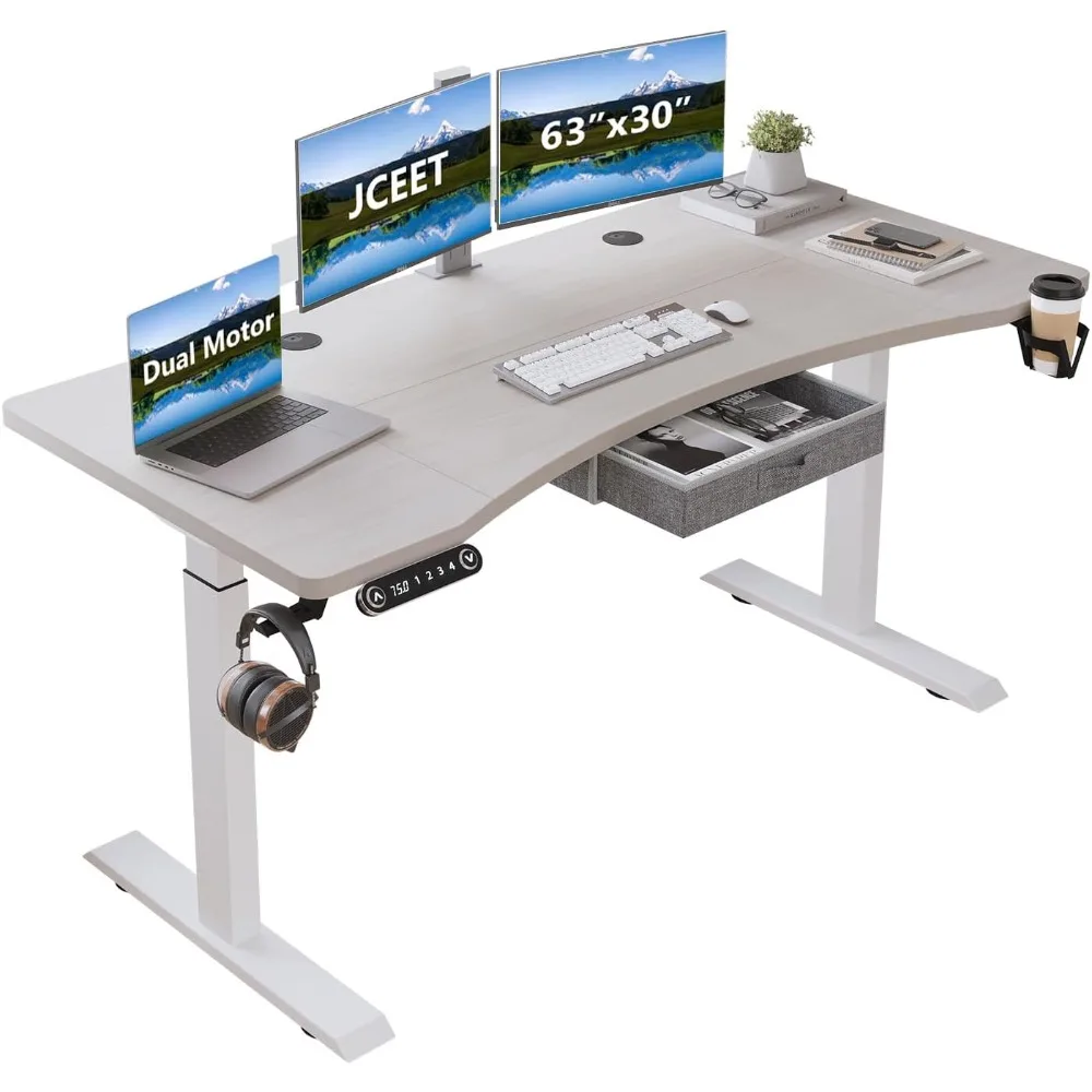 

63x30 Inches Adjustable Height Sit Stand Up Desk with 4 Splice Boards, Home Office Desk Computer Workstation with Pale Pearwood