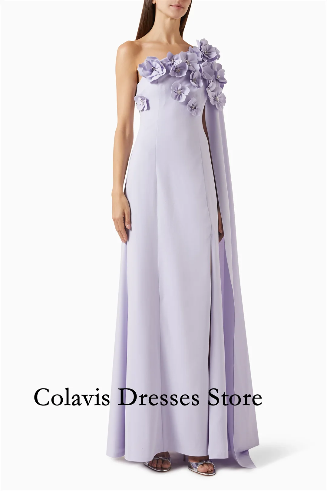 

2025 Customized One-Shoulder Flowers Light Purple Crepe Prom Dresses Evening Dress Women Evening Gowns Formal Party Dress