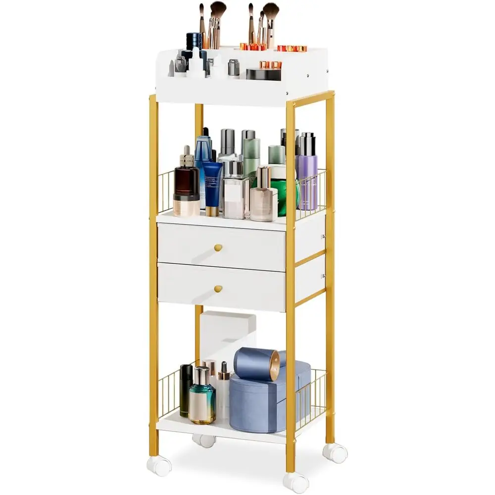 Gold Makeup and Skincare Organizer Cart with Drawers and Wheels for Beauty Essentials Storage