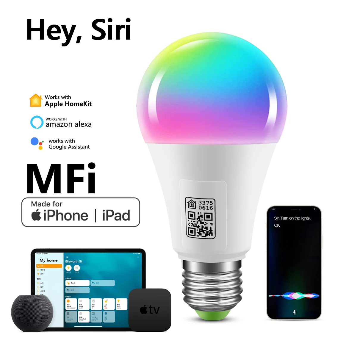 MFI 인증 홈 키트 LED 스마트 와이파이 전구, E27 스마트 램프, 멀티 컬러 디밍 LED 전구, 시리 제어, 알렉사 구글 홈용 