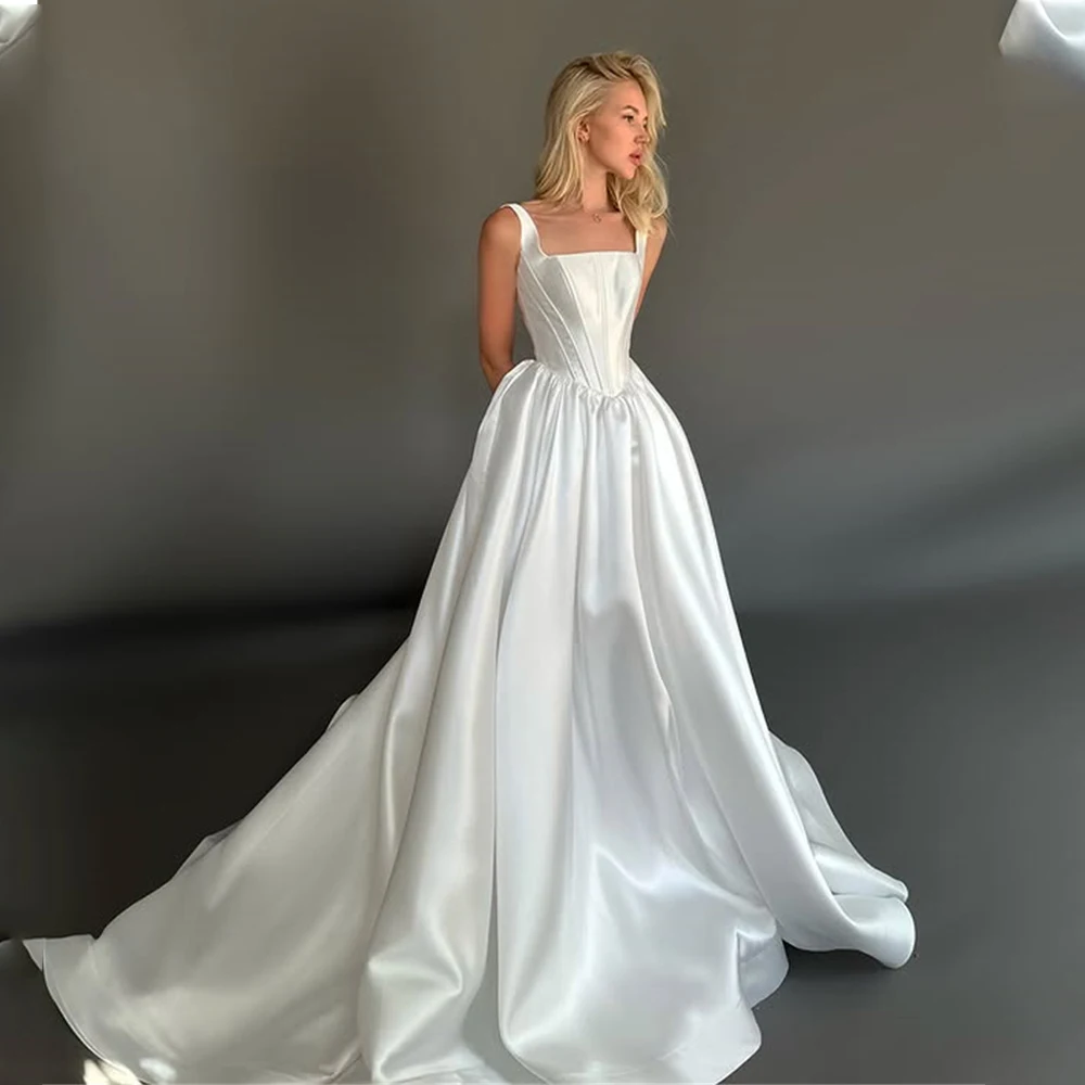 

Charming Two Wide Straps Scoop Neckline Satin A Line Wedding Dresses Sweep Train Custom Made 2025 Vestido De Noival