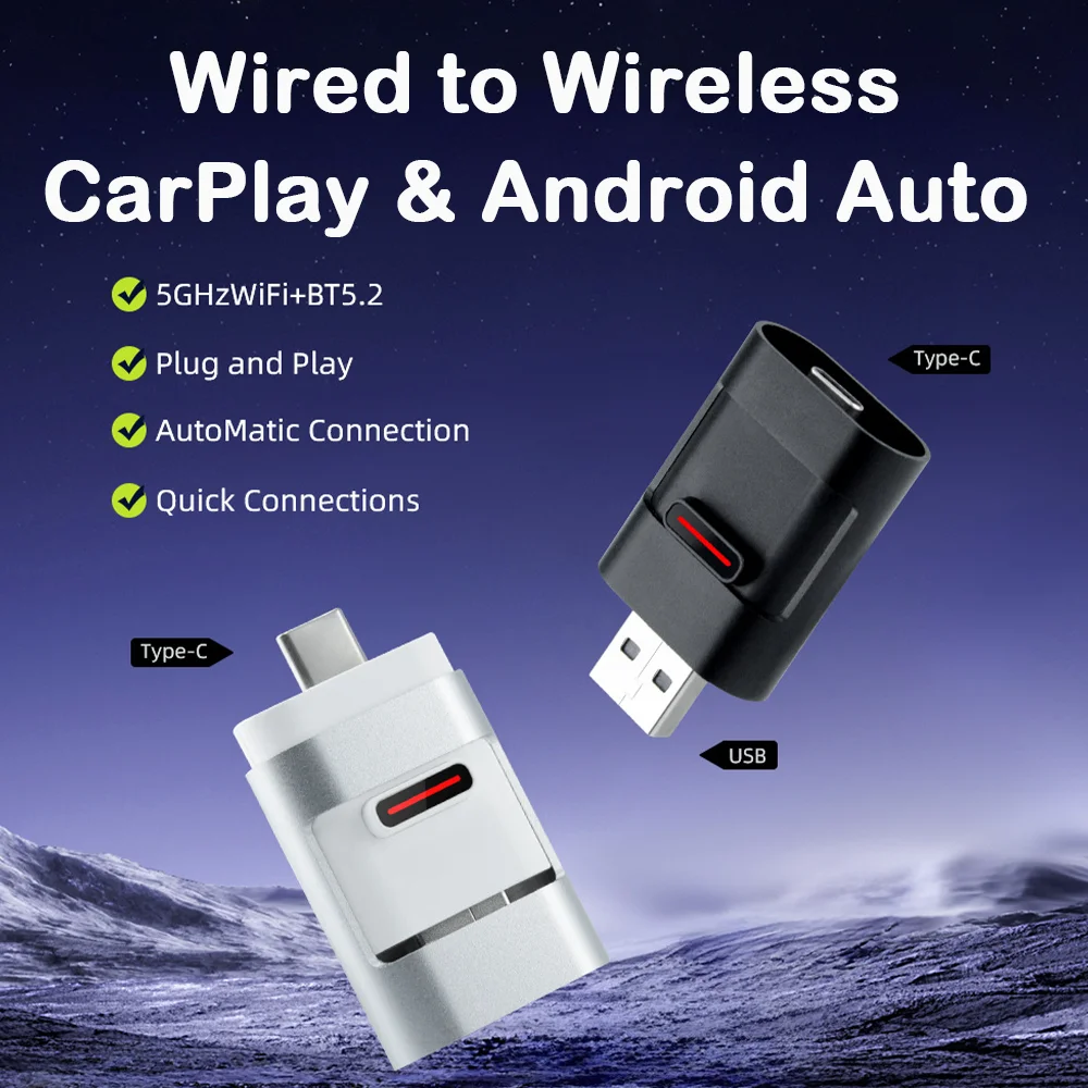 

Беспроводной адаптер CarPlay 2-в-1 (2026) | Двухпортовый USB/Type-C | Быстрее подключение | Bluetooth 5.2 + Wi-Fi 5 ГГц | Автоматическое обновление через воздух (OTA)