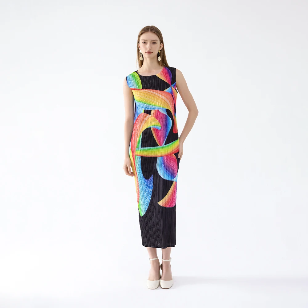 

Miyake Pleated Elegant Pleated Dress for Women, Garment Sleeve, Printed Vest, Comfortable, Casual, 2025 Summer Clothing