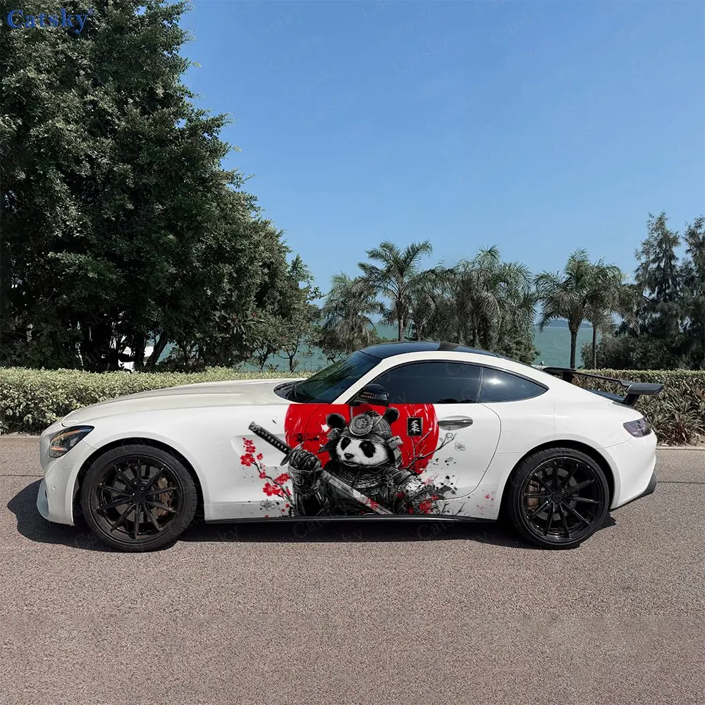 2pcs Red Sun, Plum & Katana Samurai Panda Car Side Wrap, Self-Adhesive PVC Waterproof & Scratch-Resistant Sticker, Car Accessory
