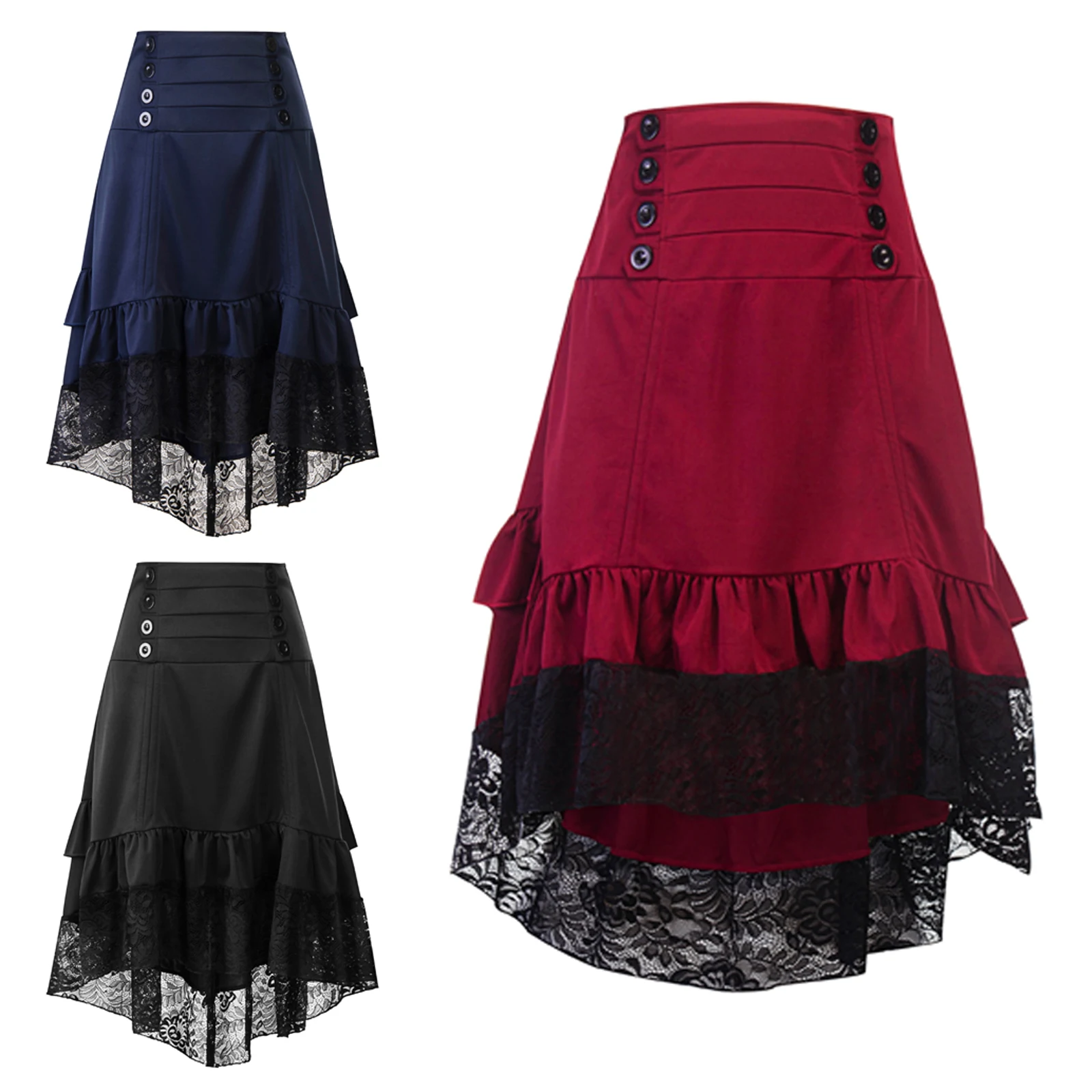 Steampunk Women Lolita Vintage Gothic Midi Skirts Decorative Buttons Drawstring Ruched Ruffled Lace Trim High-low Cosplay Skirt