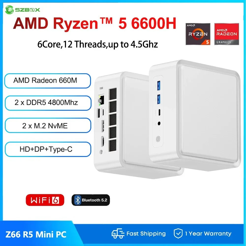 SZBOX Z66 Ryzen 5 6600H MINI PC Windows 11 Pro DDR5 4800Mhz M.2 2280 NVME SSD PCIE3.0 USB4.0 WIFI6 BT5.2 Game Office Computer