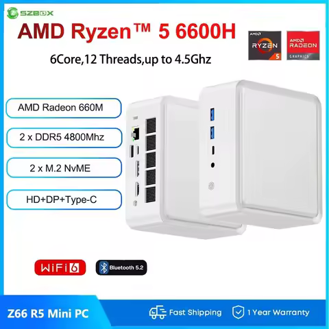 SZBOX Z66 Ryzen 5 6600H MINI PC Windows 11 Pro DDR5 4800Mhz M.2 2280 NVME SSD PCIE3.0 USB4.0 WIFI6 BT5.2 Game Office Computer