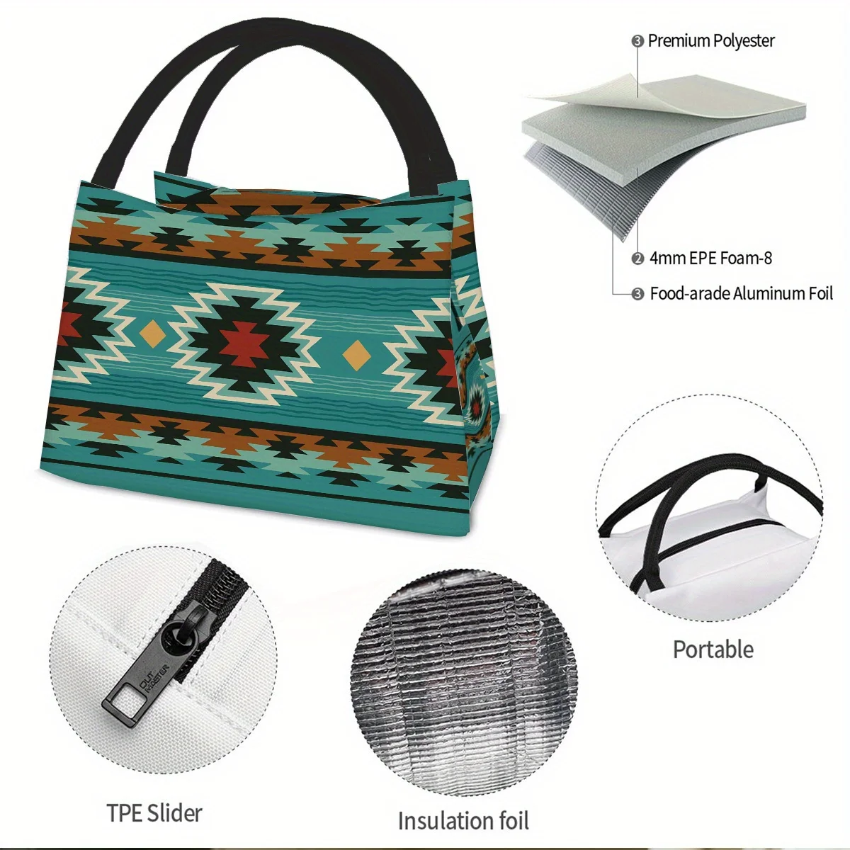 Vibrant Southwestern Design Lunch Bag - Reusable Insulated Bento Box Cooler with Thermal Seal Zipper, Durable Oxford Fabric