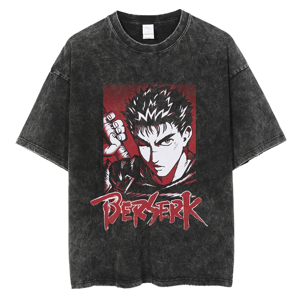 

Hot Anime Berserk Guts Cool Print Tee Men Women Washed Cotton T-shirts Vintage Manga T Shirt Harajuku Male Casual Loose Tshirt