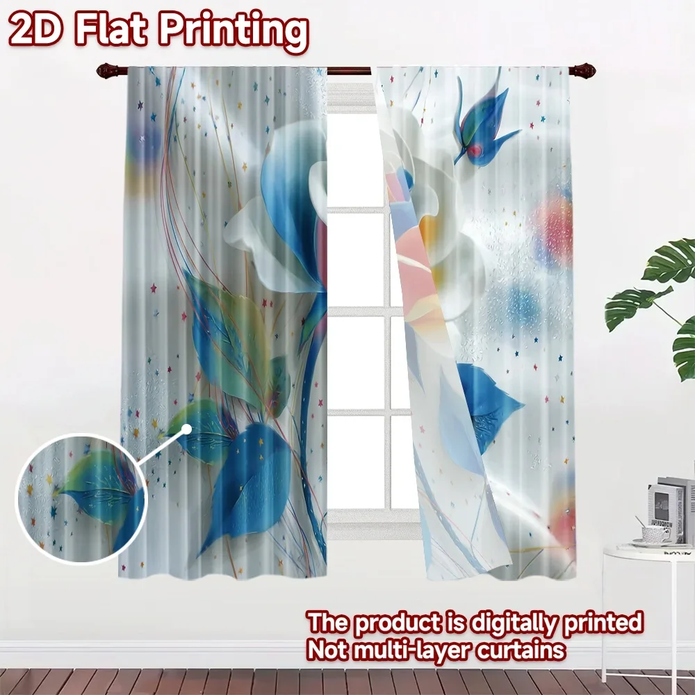 Elegant Floral Print Curtain Blue Abstract Botanical Drapes Modern Living Room Window Treatment Curtain