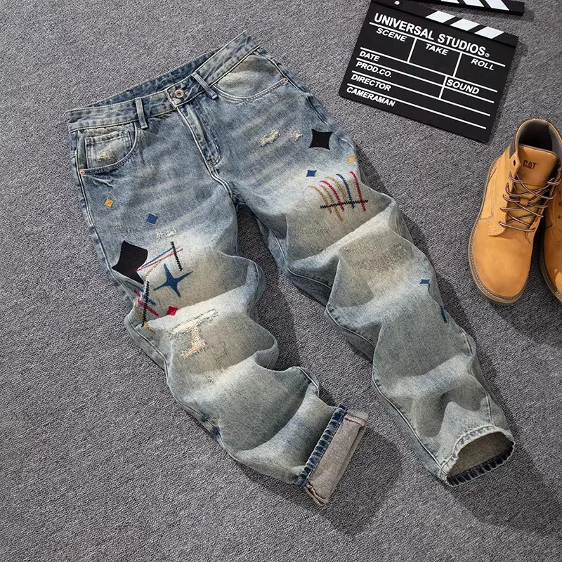 

Y2K Street Designer Fashion Men Jeans Retro Blue Loose Fit Embroidery Ripped Jeans Men Straight Hip Hop Vintage Denim Pants