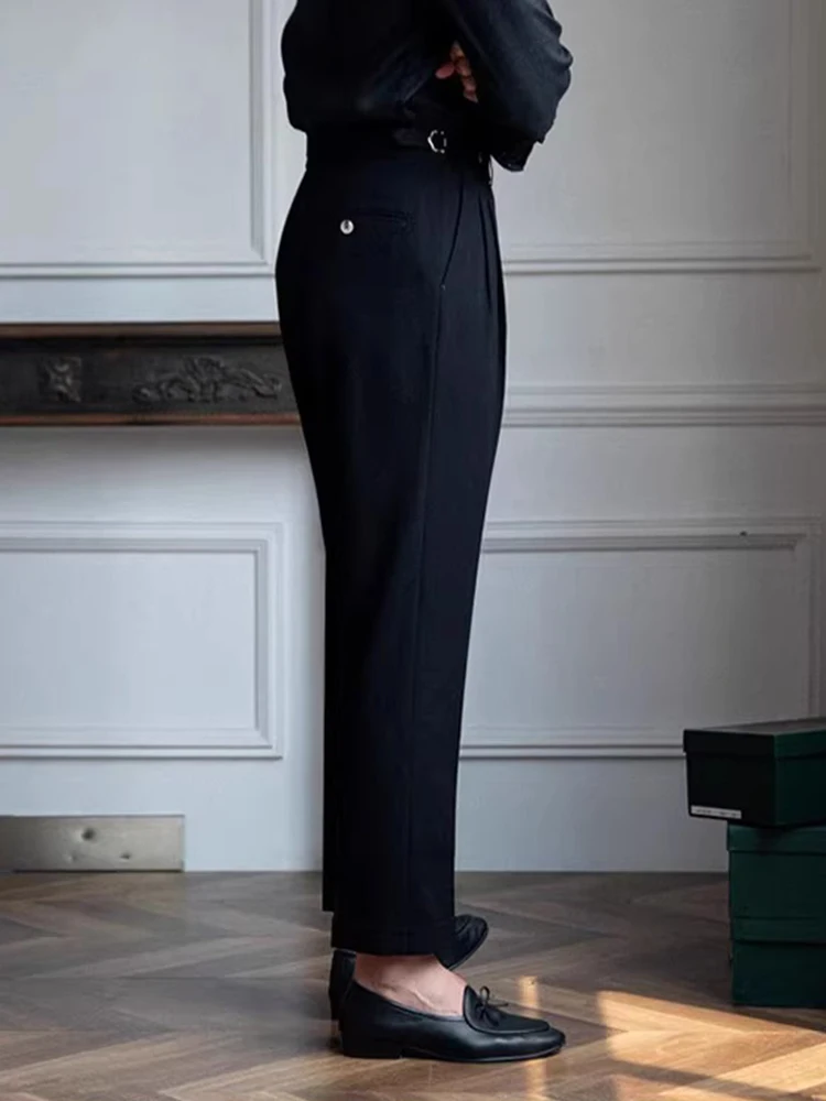 2023 herbst Neue Casual Herren Gürtel Hosen Vintage Plissee Gerade Anzug Hosen Männer Modische Slim Fit Einfarbig Hosen