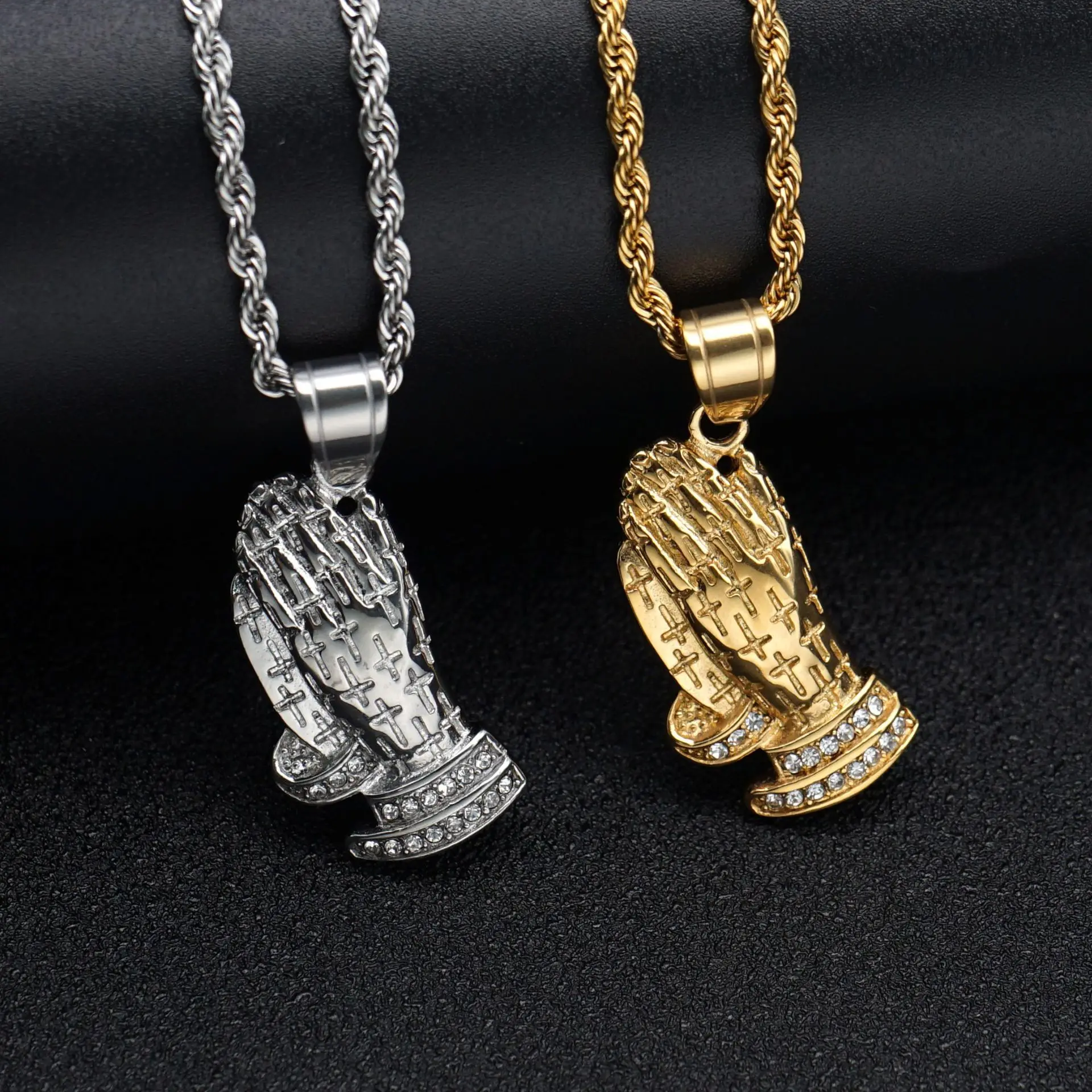 Gold Silver Color The Praying Hands Pendants & Necklaces with rhinestone Brother Gift Stainless Steel Hip Hop Men Jewelry