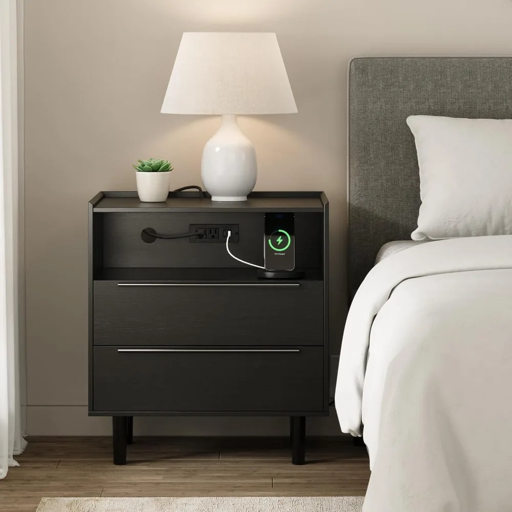 

Modern Black Nightstand with Hidden Charging Station, USB Ports, Cable Hole, Tray Top & 2 Drawers – 24" Bedside Table for Bedroo