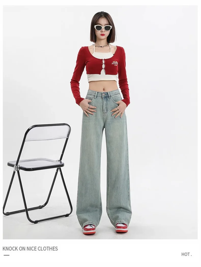 2024 New Retro Style Wide Leg Jeans Narrow Edition Wide Leg Jeans High Waist Jeans Women's Straight Tube Dripping Floor Pants