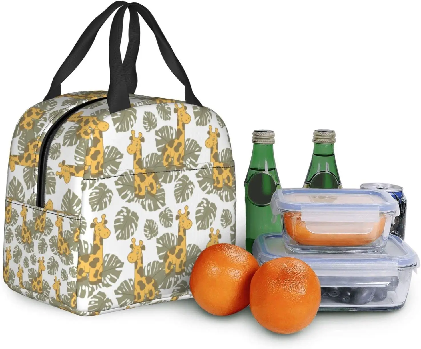 Bolsa de almuerzo de jirafas y hojas tropicales para bebés, fiambrera aislada pequeña con bolsillo frontal, bolsas de almuerzo estéticas para niñas y niños gratis