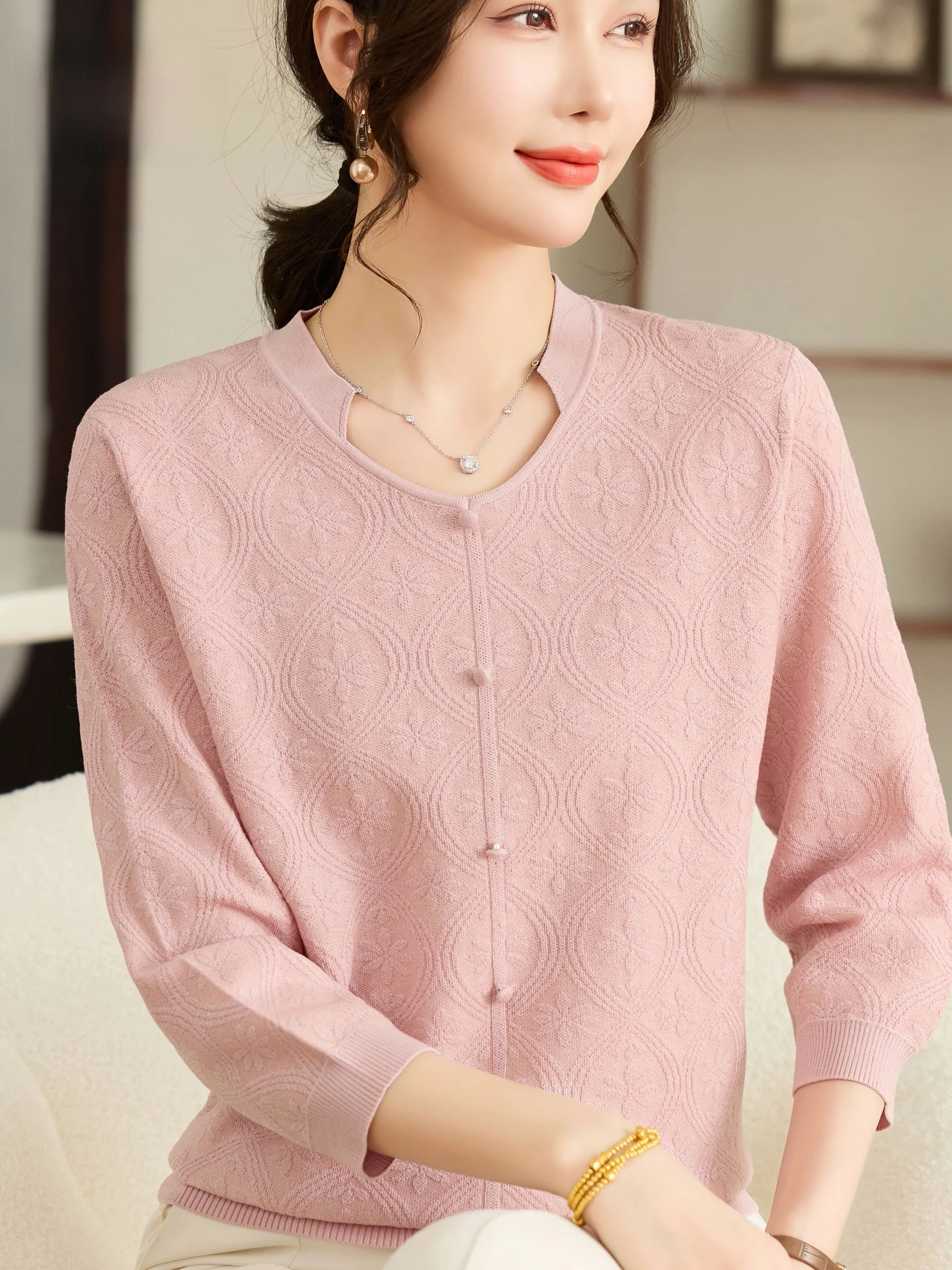 

Spring Faion V-Ne Knitted Base irt Loose Nine-Quarter Sve T-irt for Women ly Comfortable Breathable Top