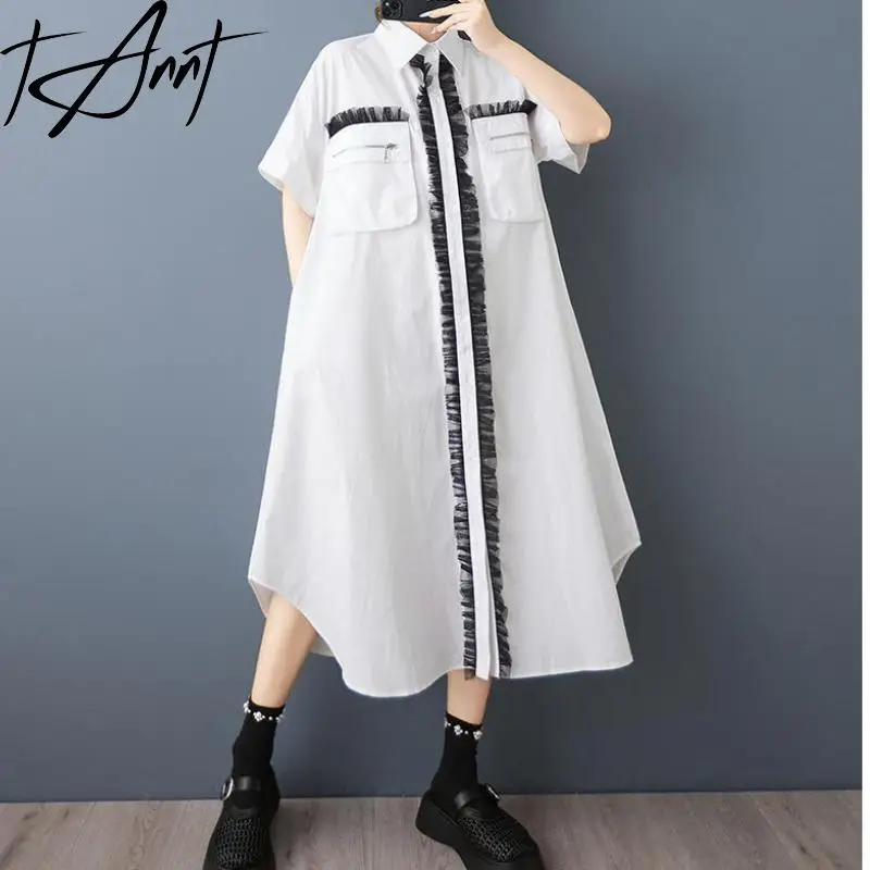 Tannt Vrouwen Jurk Mesh Patchwork Kleur Bijpassende Shirts Jurken Onregelmatige Mode Zwart Wit Zomer Lange Jurken 2023 Nieuw