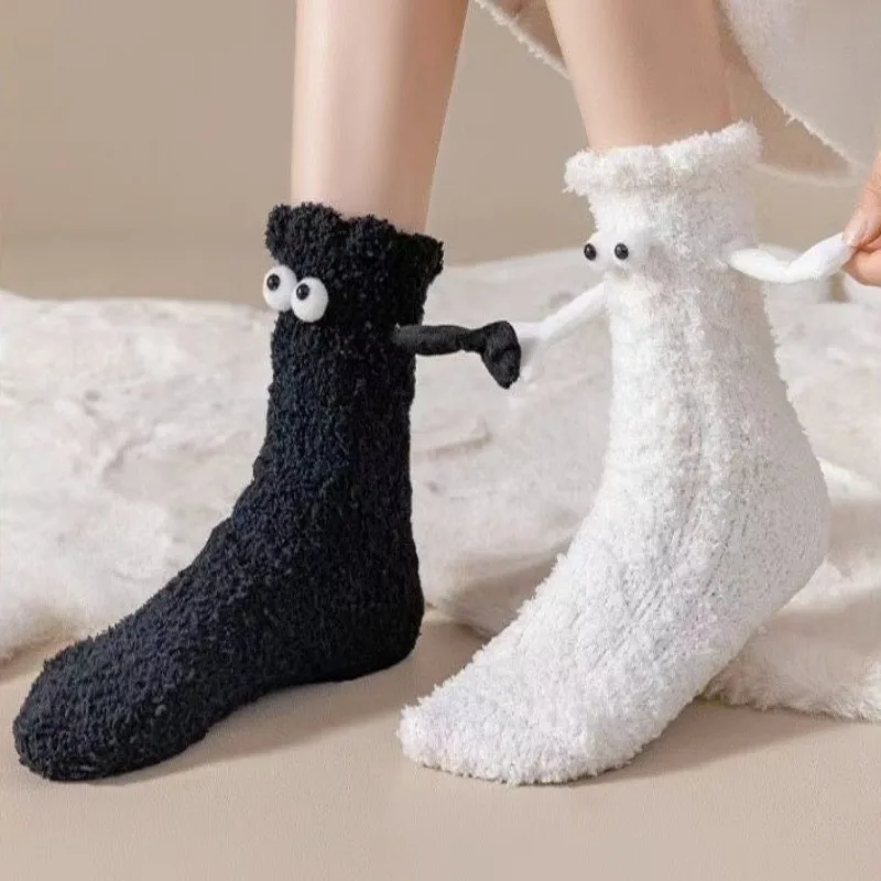 2 Pairs Holding Hands Socks Women Autumn and Winter Coral Fleece Mid Tube Socks Niche Cute Thick Warm Breathable Floor Socks