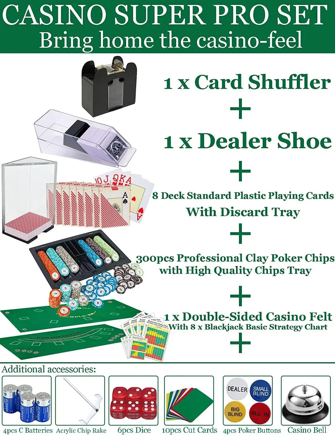 Casino Game Set: 6 Deck Shuffler+300pc Hi-End Chips+8 Pro Plastic Poker Card+Card Shoe+Chip Rake+Felt+Accessories, Blackjack Set