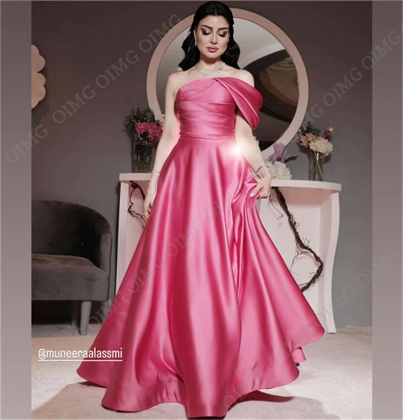 OIMG vestido de noche de un hombro de satén rosa, vestido elegante sin tirantes, Dubai, evento Formal, vestido de graduación, vestidos de fiesta de noche hechos a medida