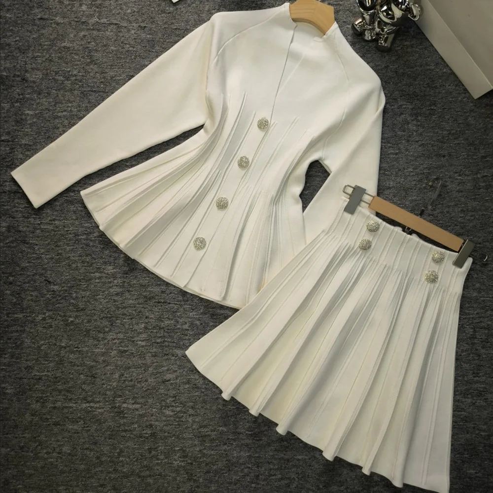 Elegant Style 2024 Newest Spring Lady Suit Long Sleeve Single-breasted Knit Cardigan Mini Pleated Skirt Women Solid 2Pcs