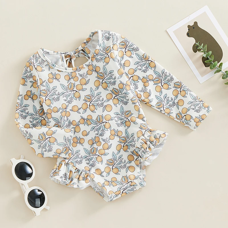 2023 New Toddler Baby Kids Girls Summer Swimsuits Floral Print Long Sleeve Ruffles Jumpsuit Swimwear Beachwear Bathing Suits