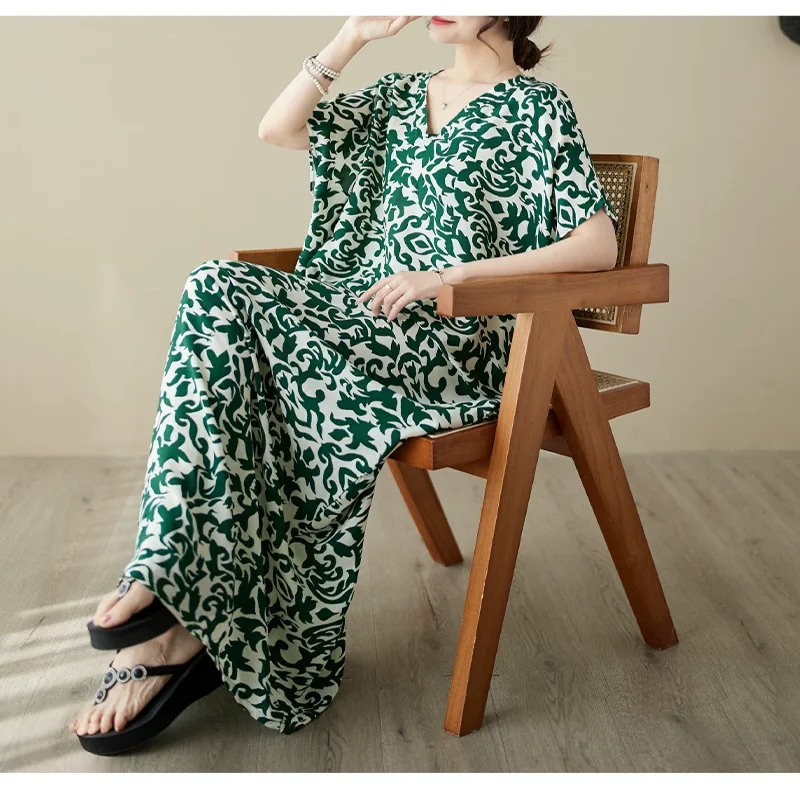 Summer V-Neck Pullover Women's Long Dress Home Sleepdress for Middle-Aged Women Loose Comfortable Mommy Mid-Length Sleepwed