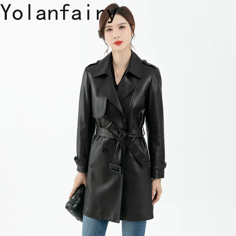 YOLANFAIRY Sheerpskin Genuine Leather Trench Spring Autumn Long Suit Outwears Waist Jacket Fashion Jaqueta De Couro Feminina
