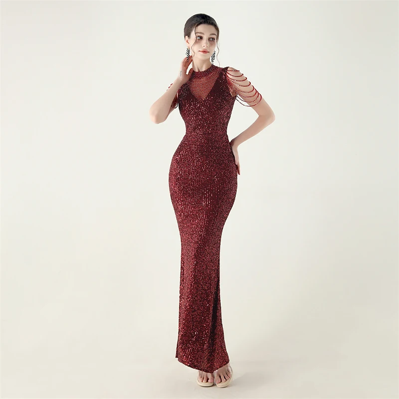 Women Summer Sleeveless Beading Sequiend Formal Occasion Evening Party Cocktail Prom Mermaid Long Dress