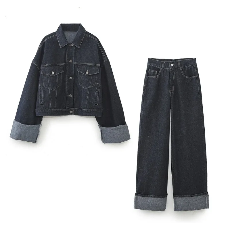 Spring and Fall New Denim Suit Single-breasted Lapel Casual Denim Jacket with Rolled Edge Wide-leg Denim Trousers 2 Sets