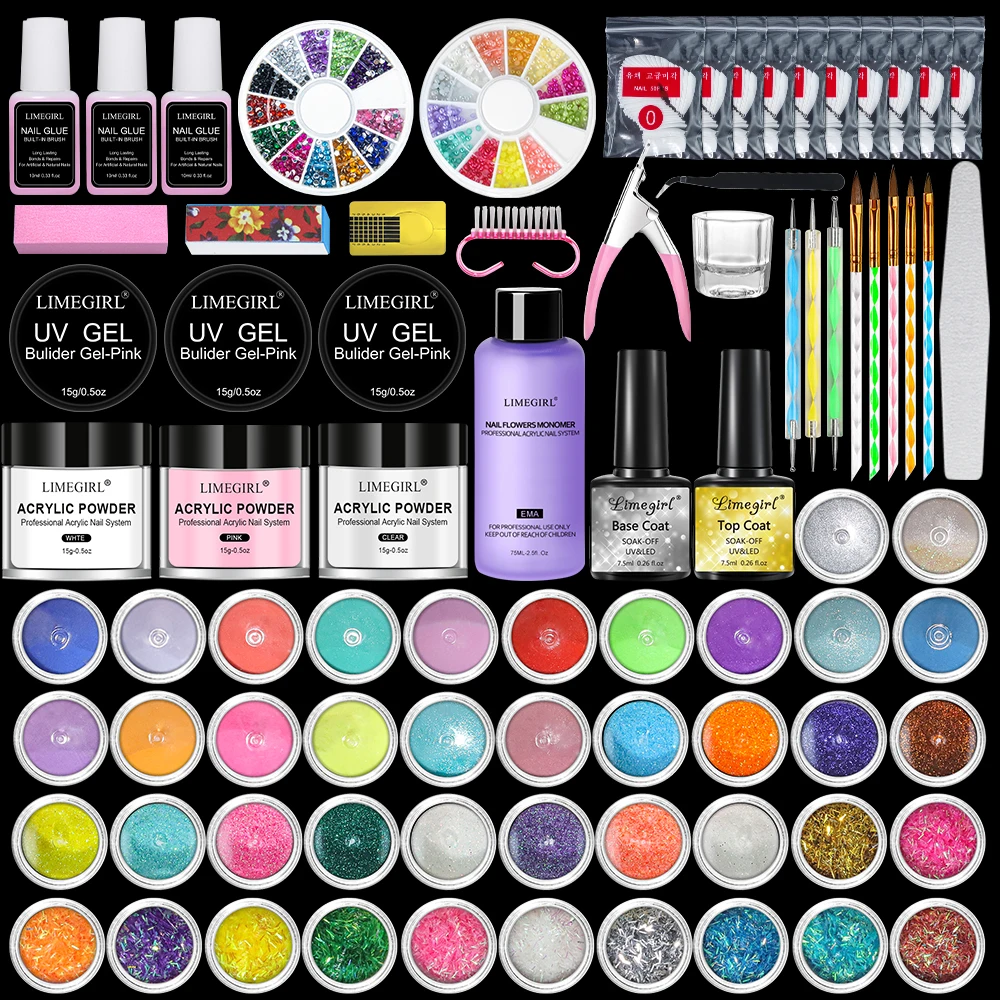 Professional Glitter Full Set for Beginner, Acrylic Nail Art, Liquid Decoration, Crystal Brush